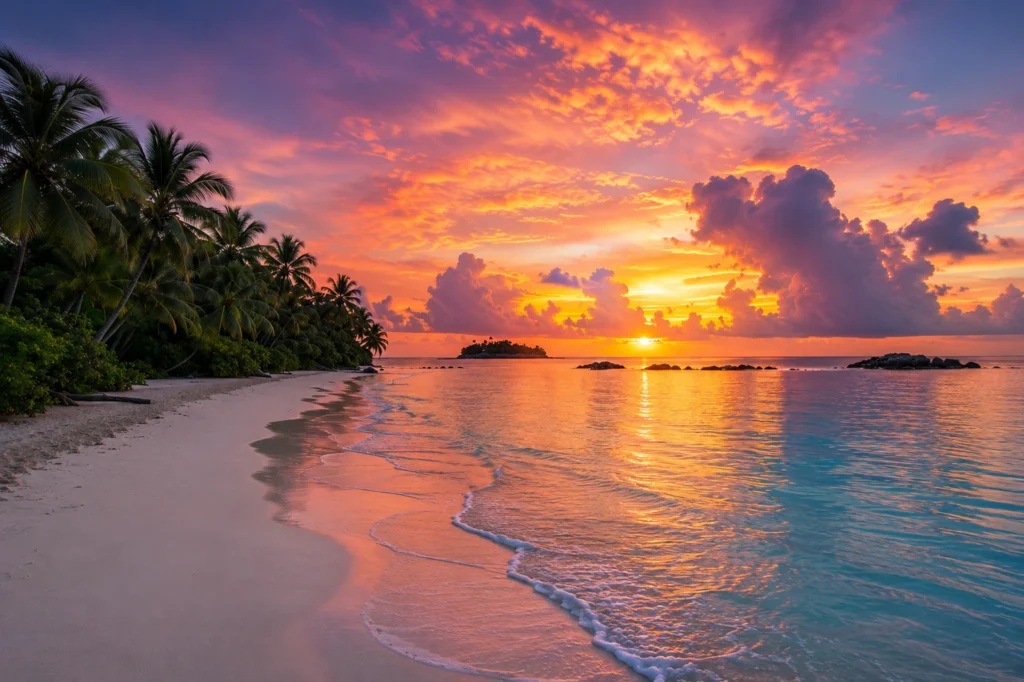 Coucher de soleil sur une plage bordée de palmiers