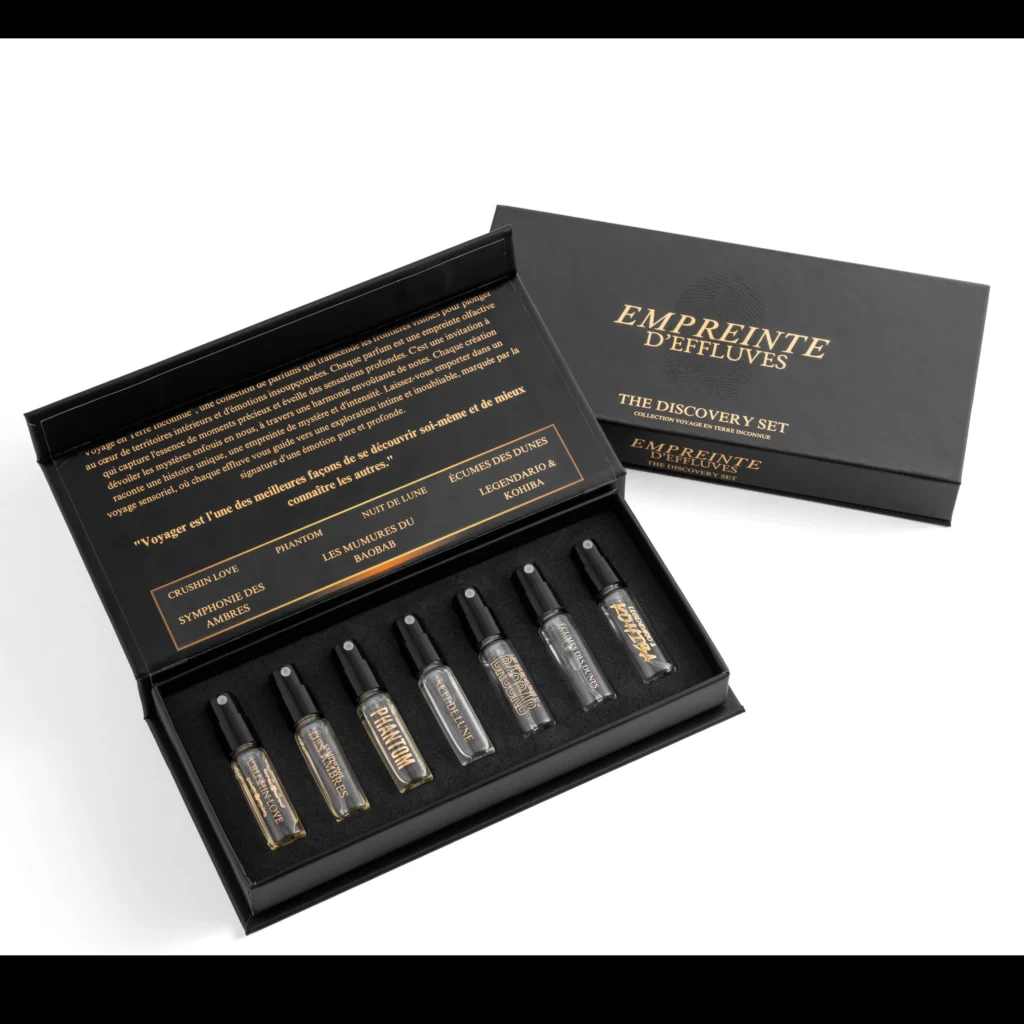 Coffret Discovery Set ouvert, six échantillons Empreinte d'Effluves